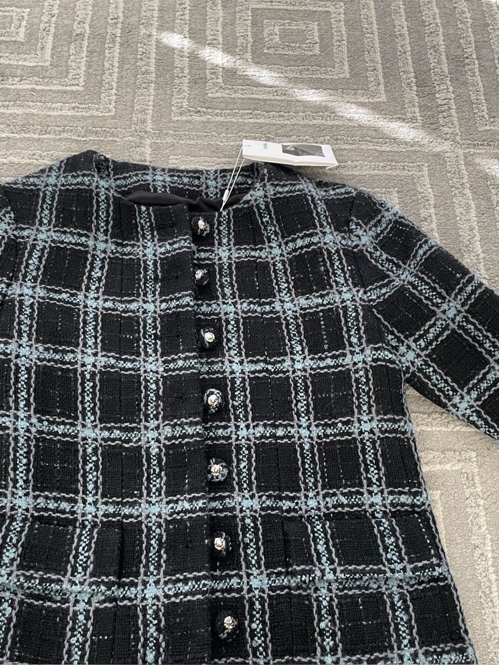 CHANEL Black and Light Blue Plaid Tweed Blazer